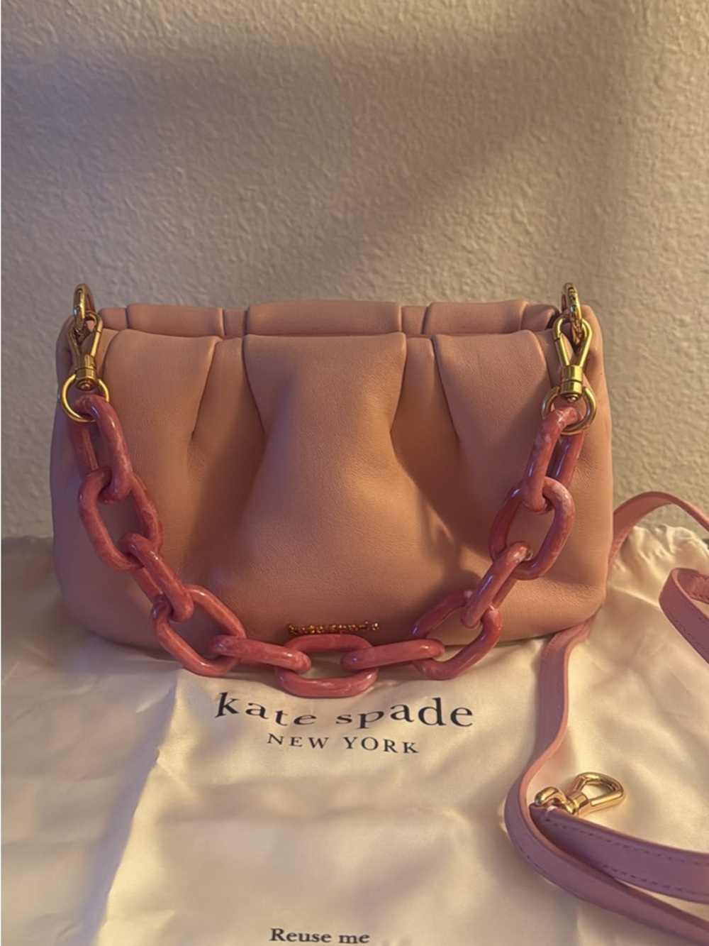 kate spade pink soufflé bag with Pink Chain and Gold Hardware